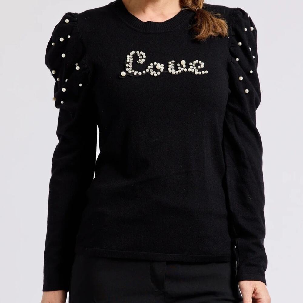 On Twelfth Womans SZ M Sweater Black with Pearl Embellishment Puff Sleeve